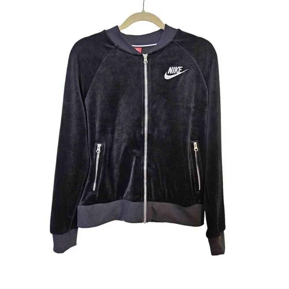 Nike black velour athletic zip up jacket with white embroidered logo. Size S.